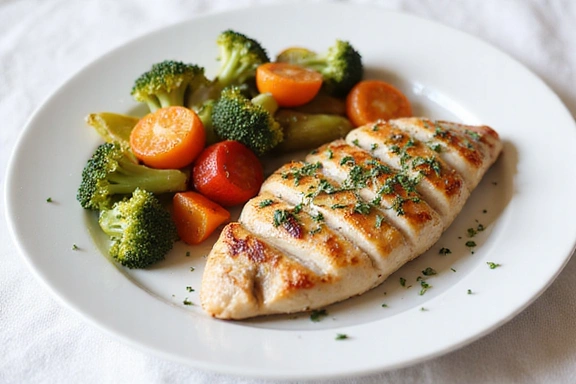 Un plat coloré et magnifiquement présenté de légumes rôtis et de poulet, illustrant une recette saine et délicieuse.