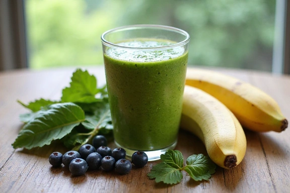Un smoothie vert éclatant avec des fruits frais à côté, symbolisant un petit-déjeuner sain et nutritif.