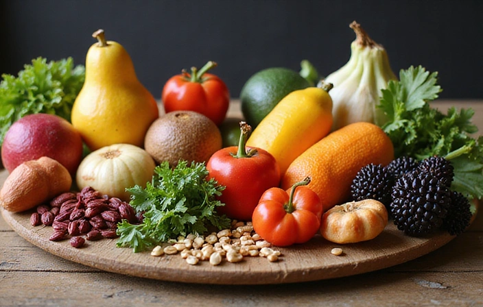 Un tableau de fruits frais, légumes, noix et graines, représentant une alimentation équilibrée et riche en nutriments.
