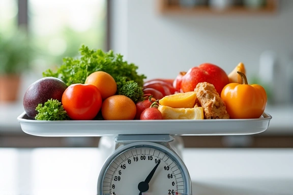 Une balance de cuisine et plusieurs aliments sains et moins sains sur une table, représentant les mythes sur les régimes et la nutrition.