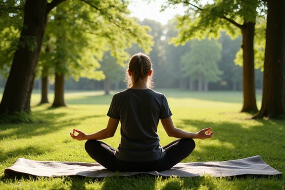 Une personne méditant calmement dans un cadre naturel, symbolisant le bien-être et la pleine conscience.