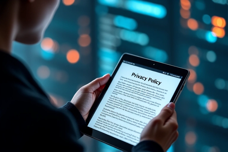 Une personne lisant une politique de confidentialité sur une tablette, symbolisant la protection des données.