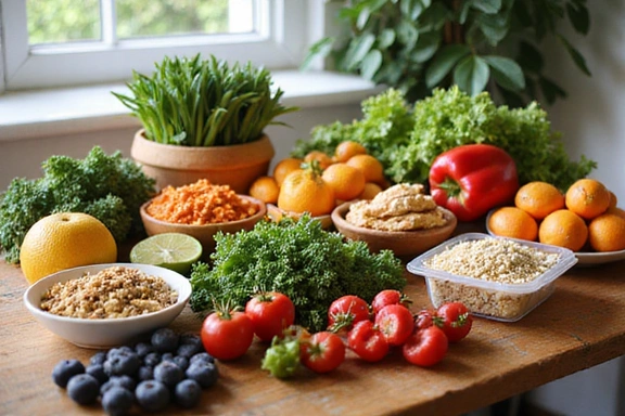 Table with healthy food options: fruits, vegetables, grains, and lean protein
