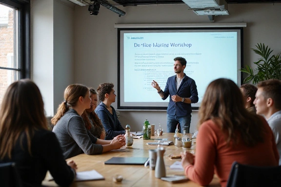 Un groupe de personnes souriantes et attentives participant à un atelier, avec un animateur présentant des informations sur un grand écran, symbolisant l'apprentissage et l'interaction.