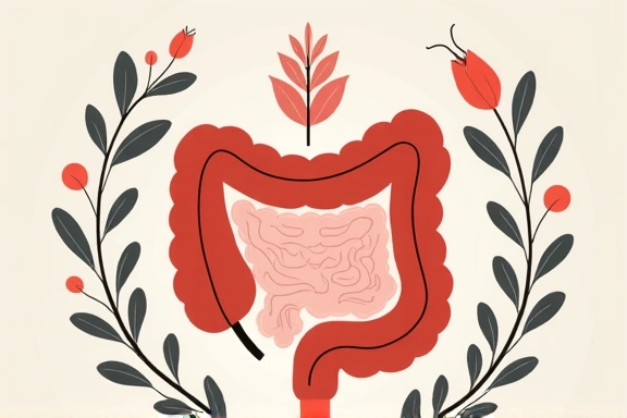 Une illustration artistique d'un ventre apaisé avec des éléments botaniques et des symboles de bien-être, représentant une digestion saine et un confort intestinal.