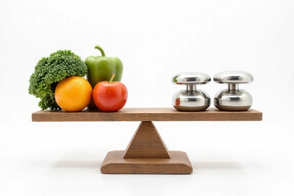 Une balance stylisée avec des fruits et légumes d'un côté et des poids de l'autre, symbolisant l'équilibre et une gestion du poids saine et durable.