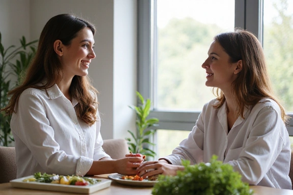Une femme souriante discutant avec une nutritionniste dans un bureau lumineux, symbolisant le dialogue et le soutien personnalisé.