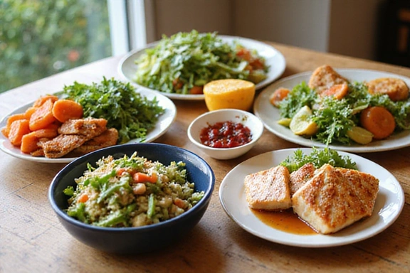Une table dressée avec une variété de plats sains et colorés : salade fraîche, poisson grillé, légumes vapeur et fruits frais, illustrant des repas équilibrés.